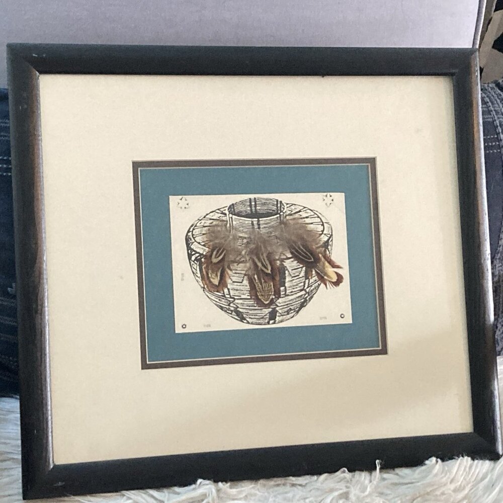 Block Art Print Mixed Media Southwestern Pottery 2 D Real Feathers Mari Rose